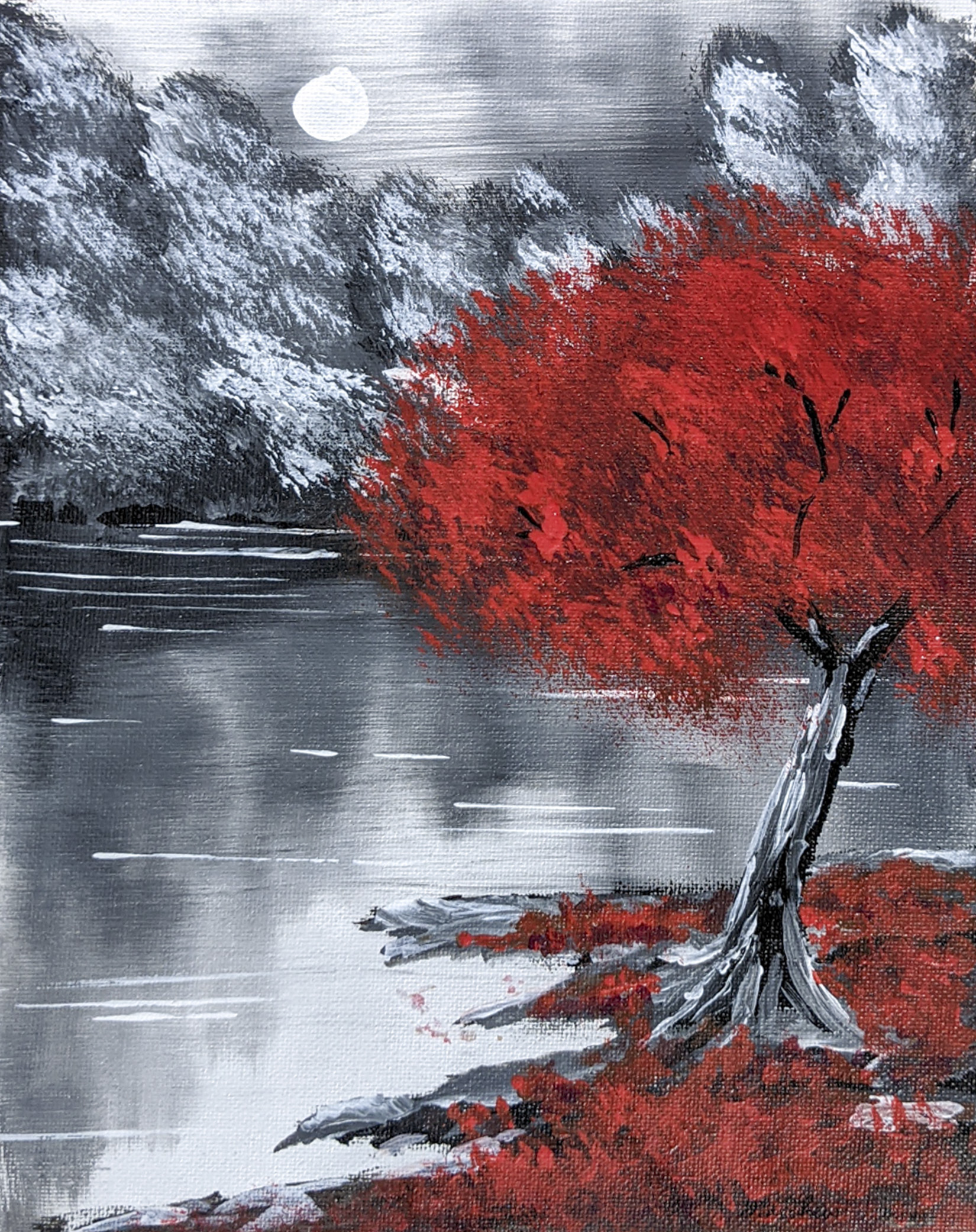 Red Tree on Black and White Scenery